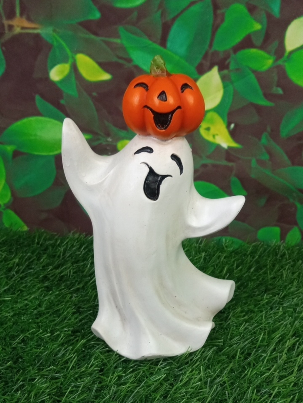 👻 White Ghost with Orange Pumpkin Halloween Figurine